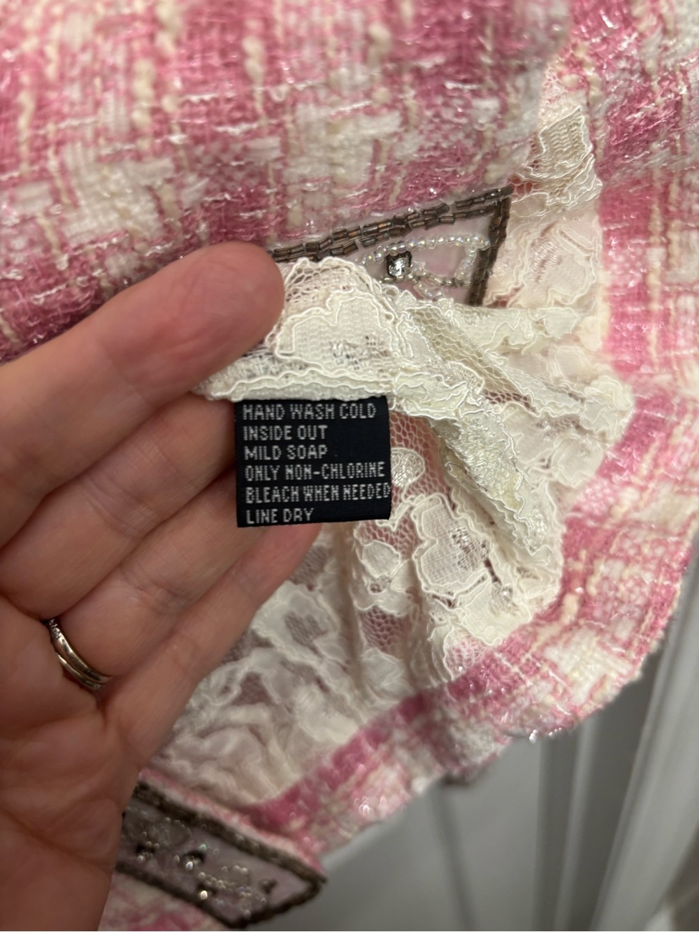 Berek by Takako Sakon Pink/Cream Tweed Plaid Embellished Vintage Lace Jacket - Picture 4 of 10